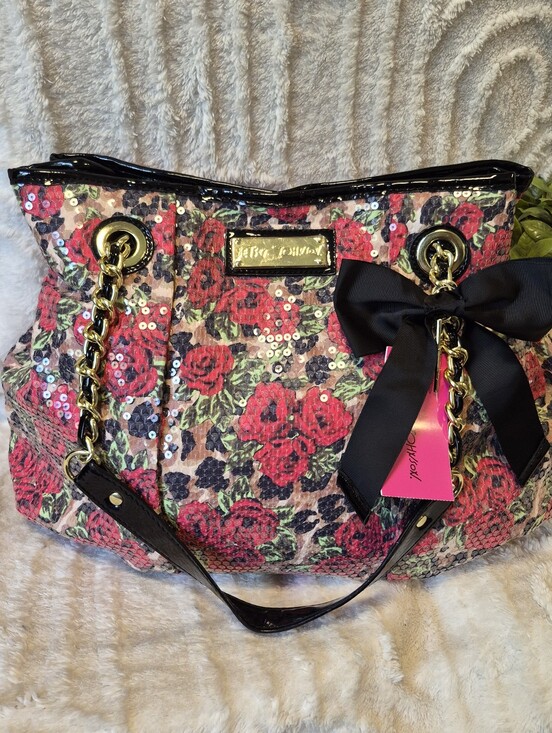 Betsey Johnson Sequined Pleated Tote Black Floral Hobo Handbag Purse Colorful main image 5
